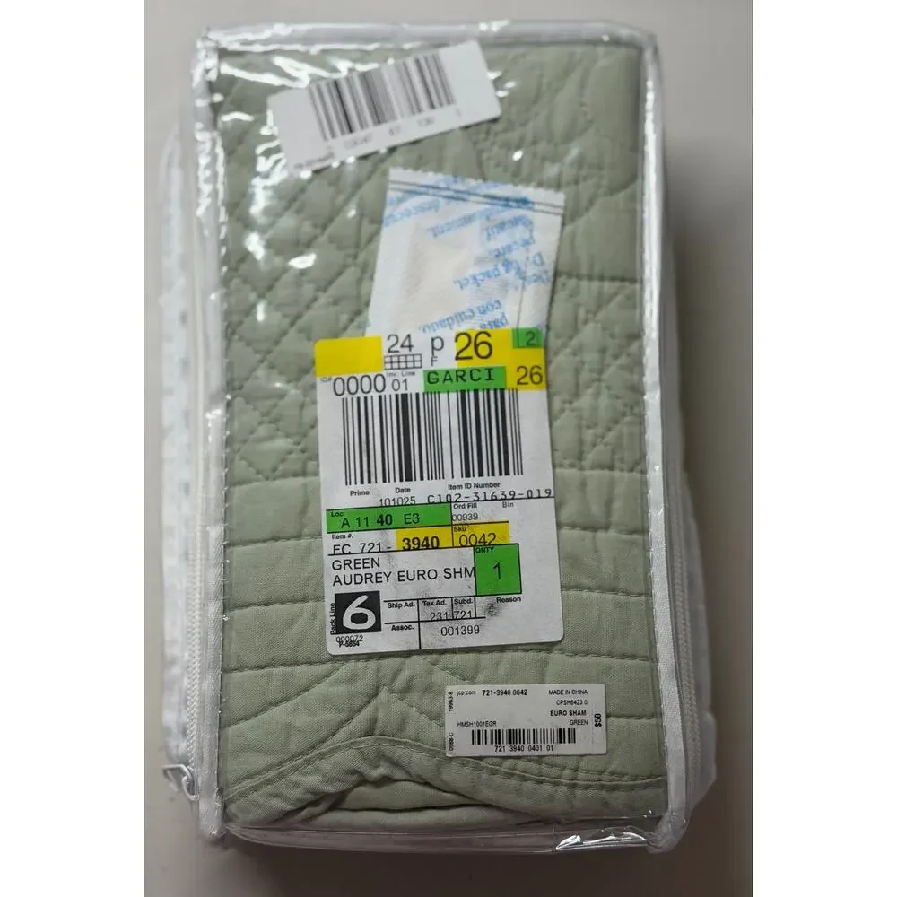 NEW! Hudson & Main Audrey Pillow Euro Sham 26” x 26” Cotton Green
